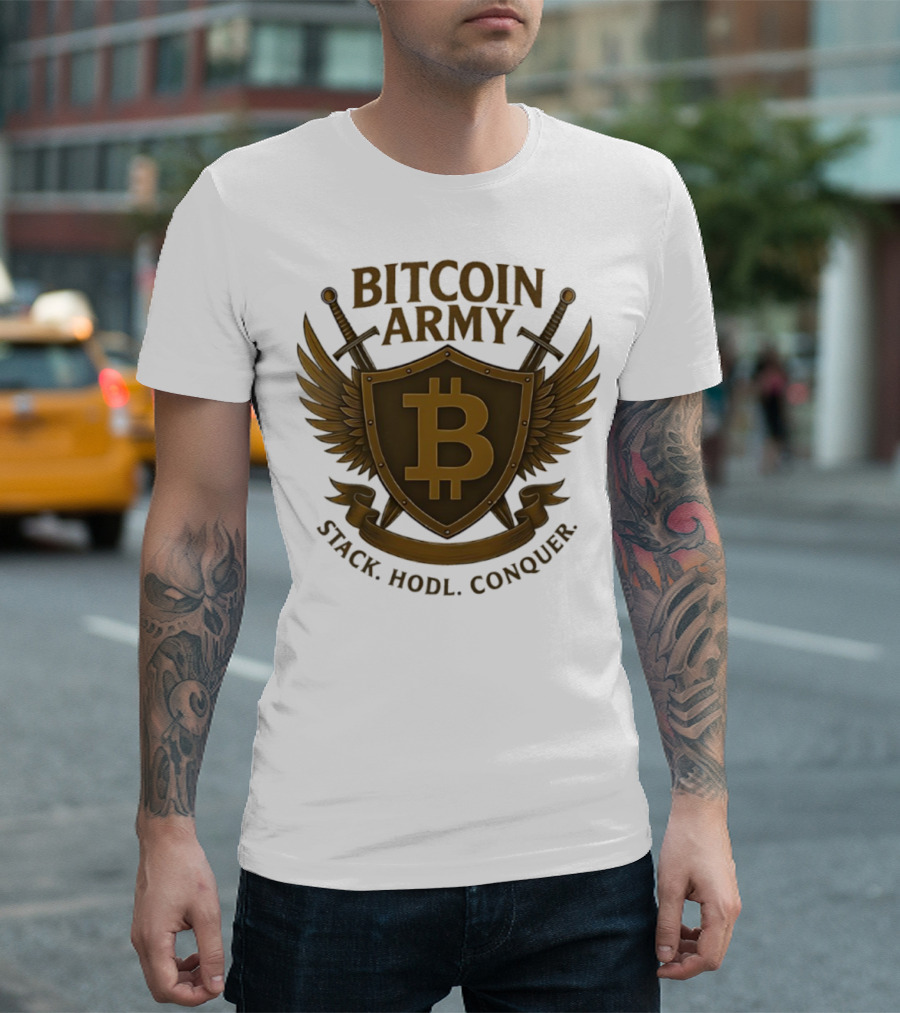 Bitcoin Army Shield Stack Hodl Conquer Crypto Warriors T-Shirt