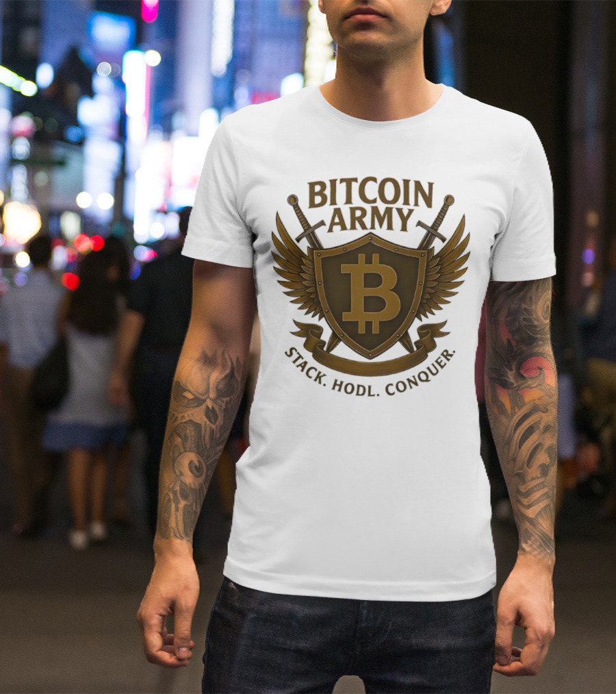 Bitcoin Army Shield Stack Hodl Conquer Crypto Warriors T-Shirt