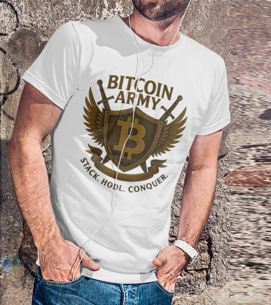 Bitcoin Army Shield Stack Hodl Conquer Crypto Warriors T-Shirt