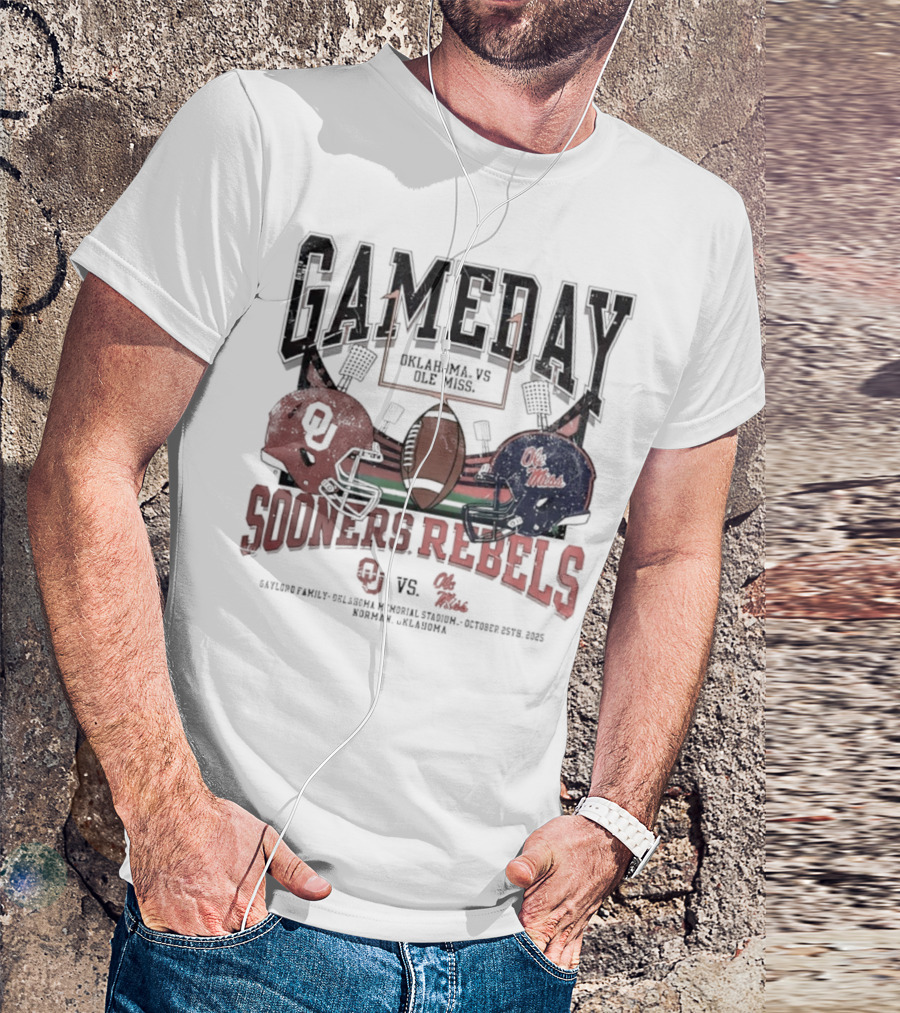 Gameday Oklahoma Sooners Vs Ole Miss Rebels Gaylord Family Oklahoma Memorial Stadium Football Helmets T-Shirt