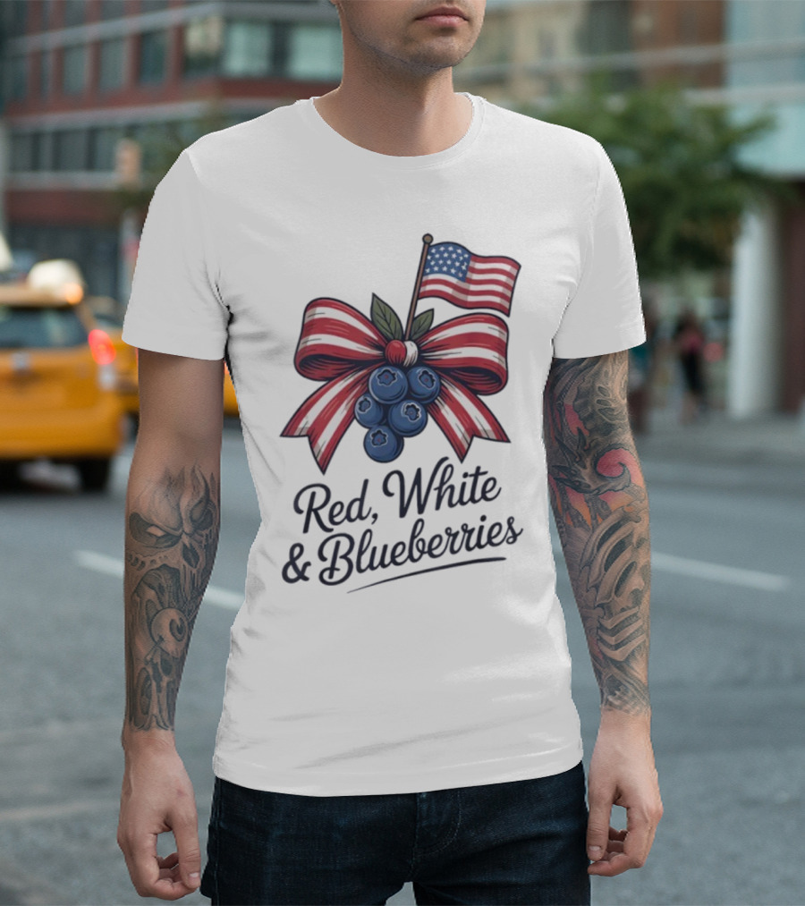 Red White Blueberries American Flag Bow T-Shirt