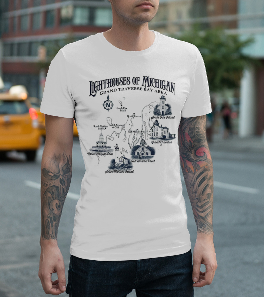 Lighthouses Of Michigan Grand Traverse Bay Area White Shoal South Fox Island Old Mission Grand Traverse South Manitou Northport T-Shirt