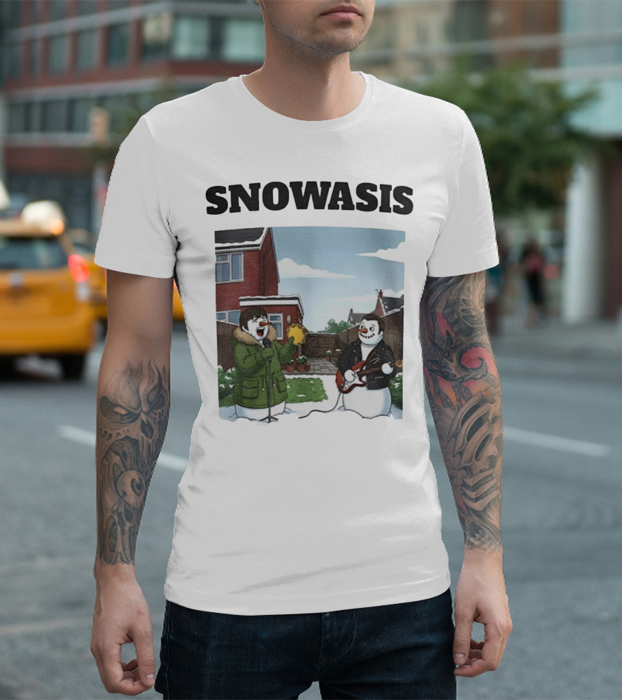 Snowasis Snowman Winter Oasis Vintage Guitar Tambourine Scene T-Shirt