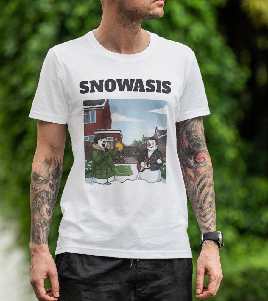 Snowasis Snowman Winter Oasis Vintage Guitar Tambourine Scene T-Shirt