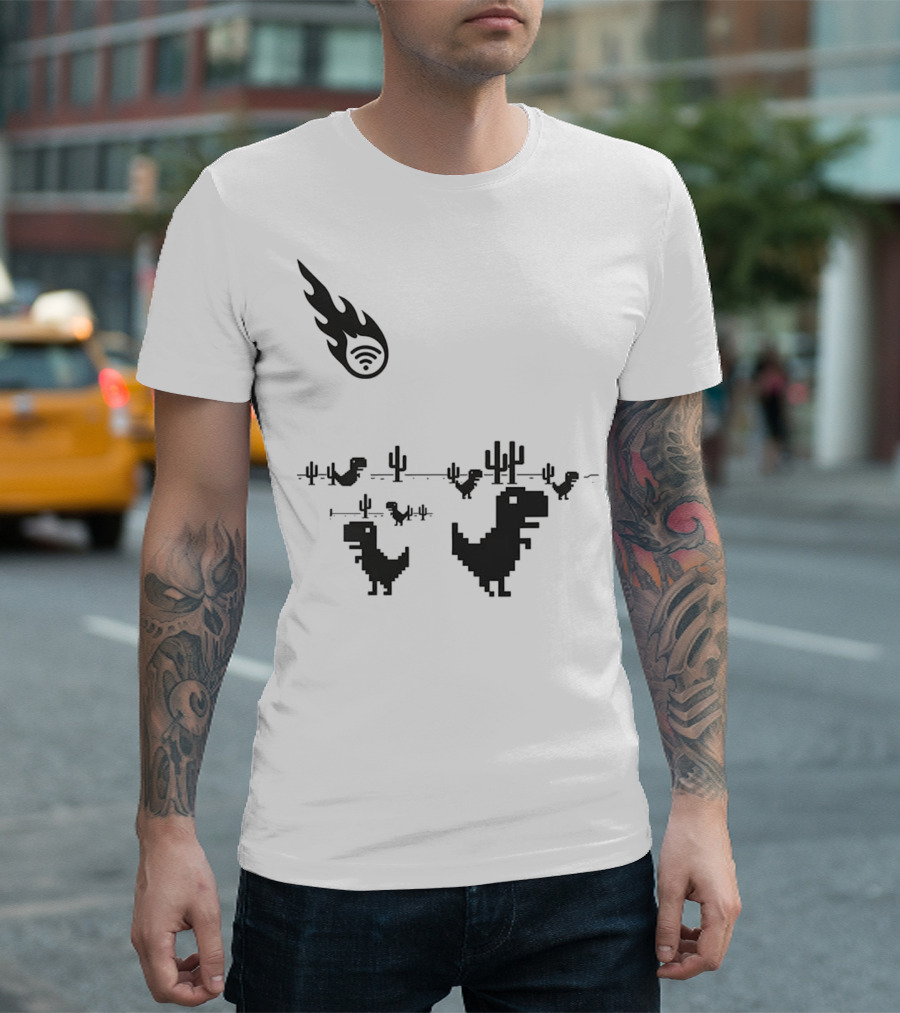WiFi Meteor Extinction Dinosaur Game Pixel Art T-Shirt