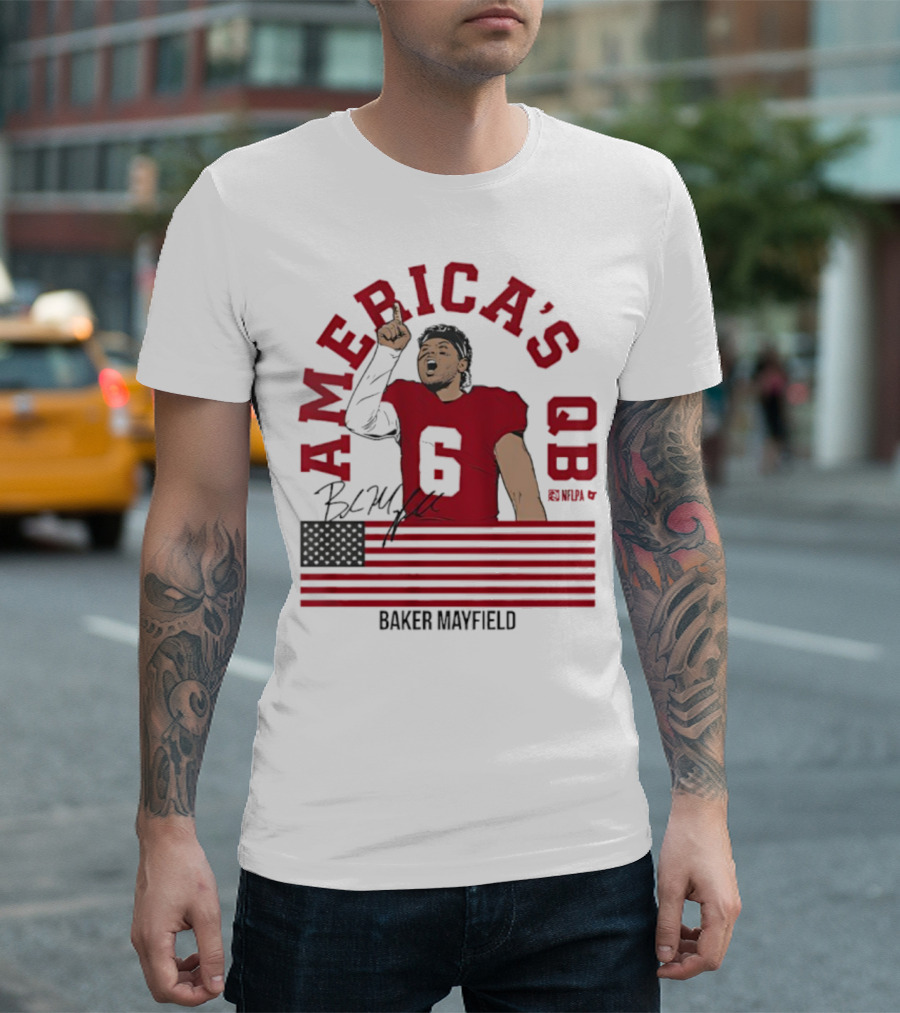 Baker Mayfield America's QB Number 6 USA Flag Signature T-Shirt