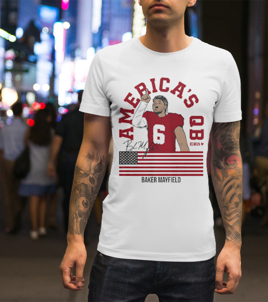 Baker Mayfield America's QB Number 6 USA Flag Signature T-Shirt