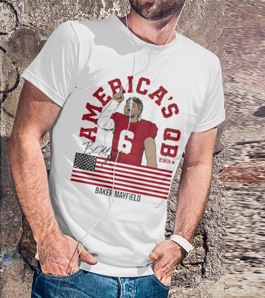 Baker Mayfield America's QB Number 6 USA Flag Signature T-Shirt