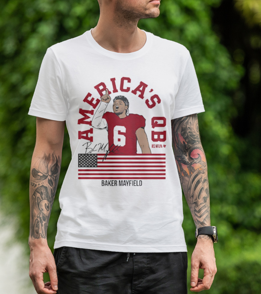 Baker Mayfield America's QB Number 6 USA Flag Signature T-Shirt