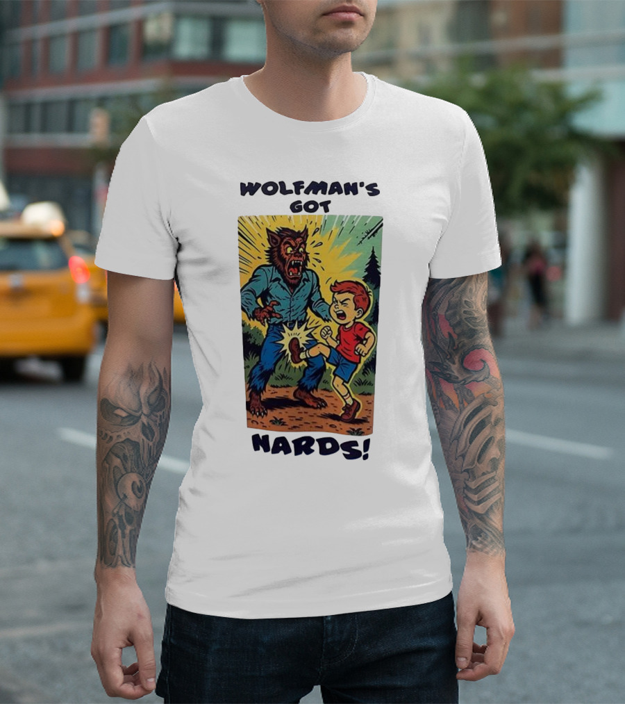 Wolfman’s Got Nards Vintage Comic Style Kid Kicking Wolfman T-Shirt