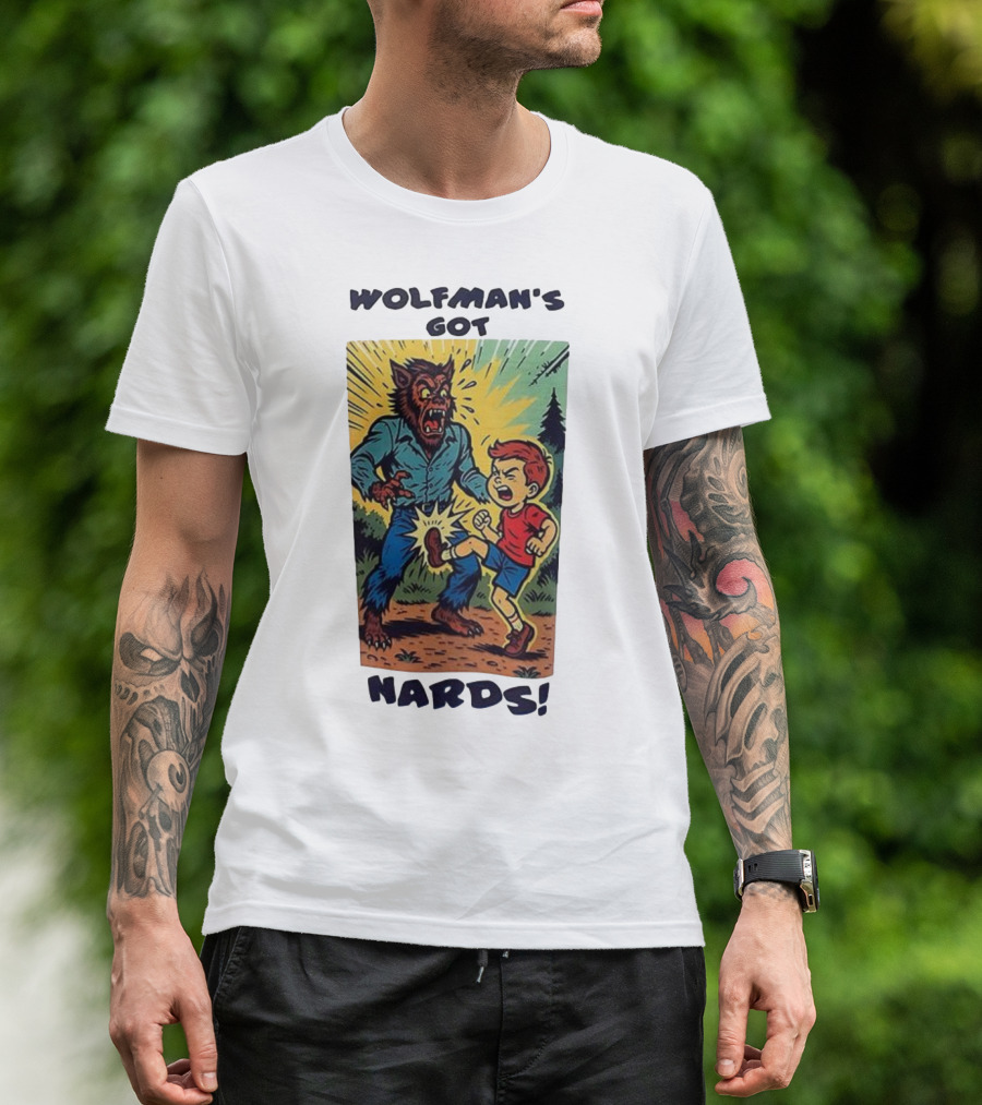 Wolfman’s Got Nards Vintage Comic Style Kid Kicking Wolfman T-Shirt