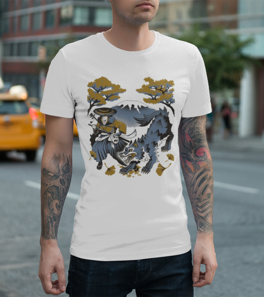 Ghost Of Yotei The Hunters Ukiyo-e Warrior With Wolf Mythical Scene T-Shirt