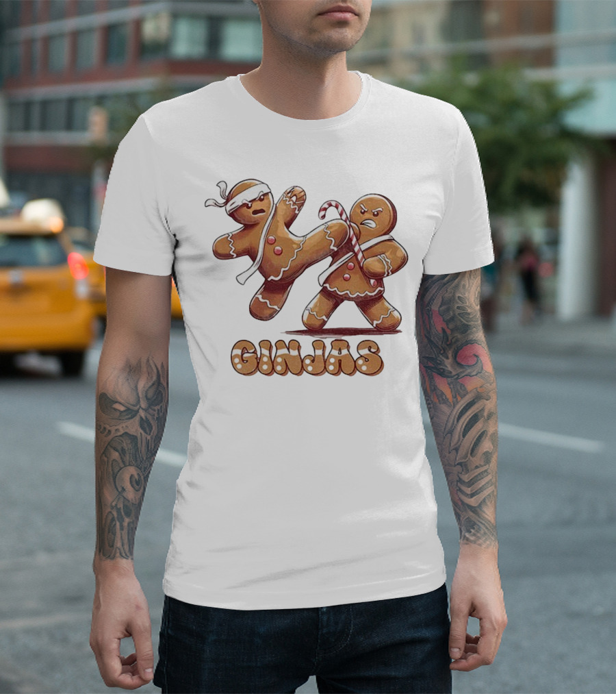 Gingerbread Man Karate Ginjas Merry Christmas Candy Cane Fight T-Shirt