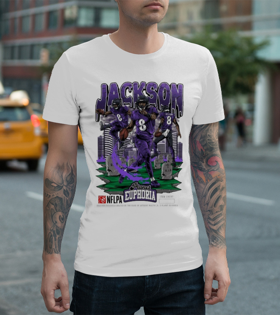 Lamar Jackson NFLPA Planet Euphoria Purple Football Action T-Shirt