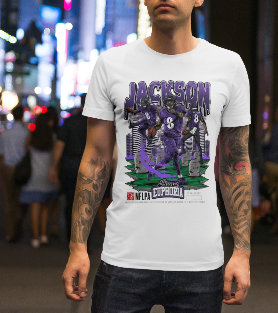 Lamar Jackson NFLPA Planet Euphoria Purple Football Action T-Shirt