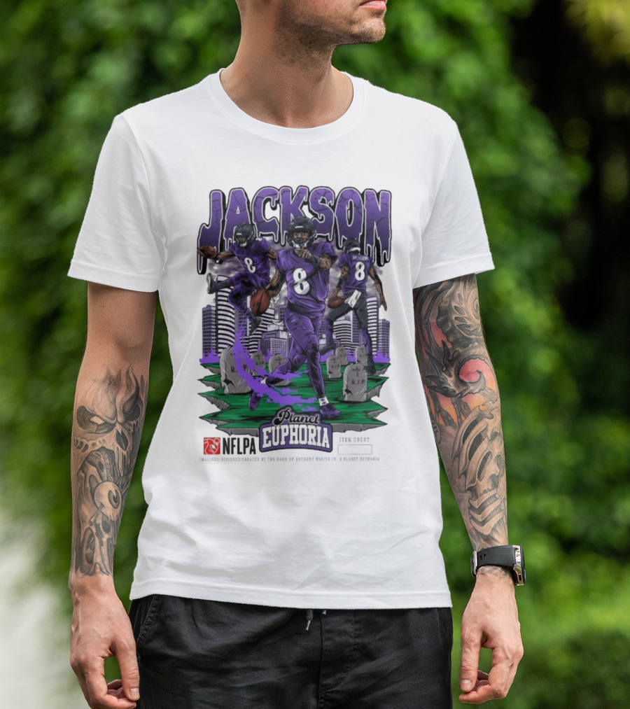 Lamar Jackson NFLPA Planet Euphoria Purple Football Action T-Shirt