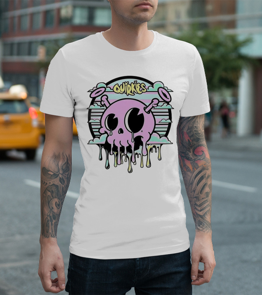 Quirkies Melting Skull With Two Crossbones Vintage Pastel Clouds T-Shirt
