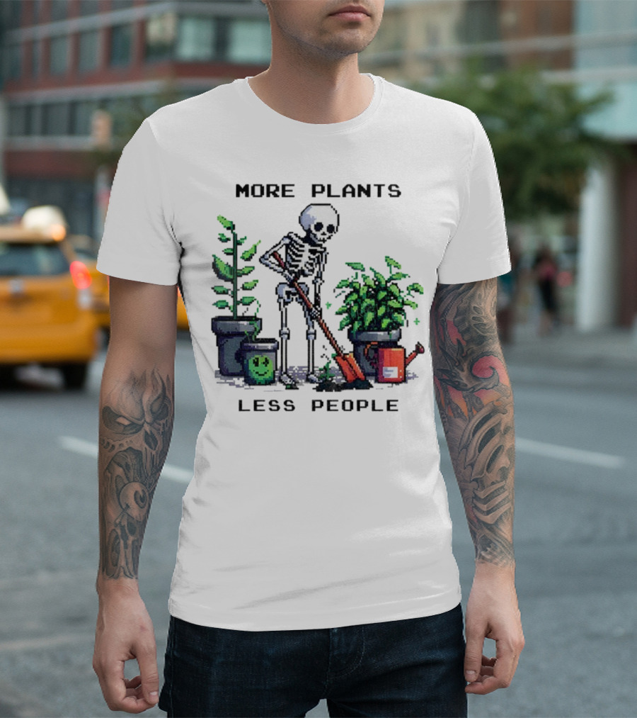 Skeleton Gardening More Plants Less People Pixel Art T-Shirt