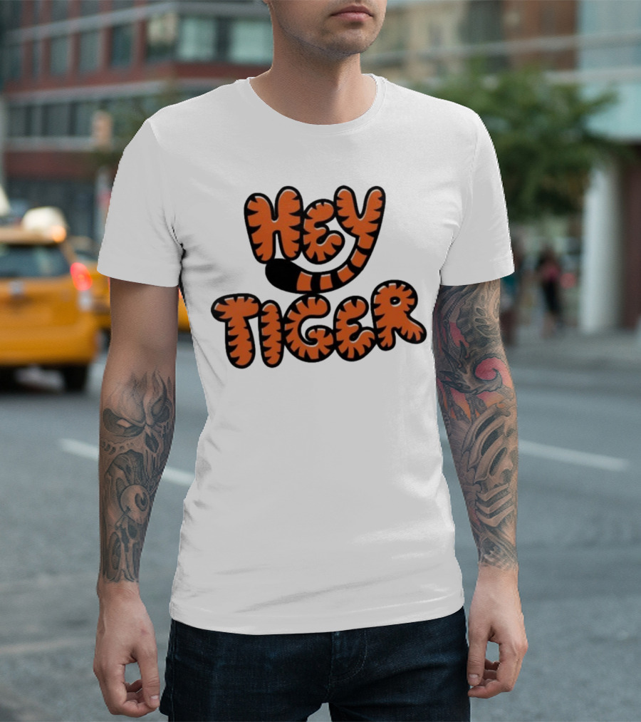 Cincinnati Bengals Hey Tiger Striped Bubble Letter Tiger Tail Pattern T-Shirt