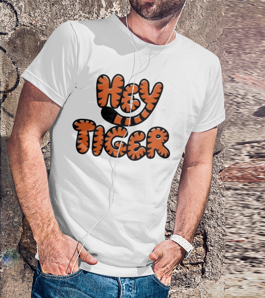 Cincinnati Bengals Hey Tiger Striped Bubble Letter Tiger Tail Pattern T-Shirt