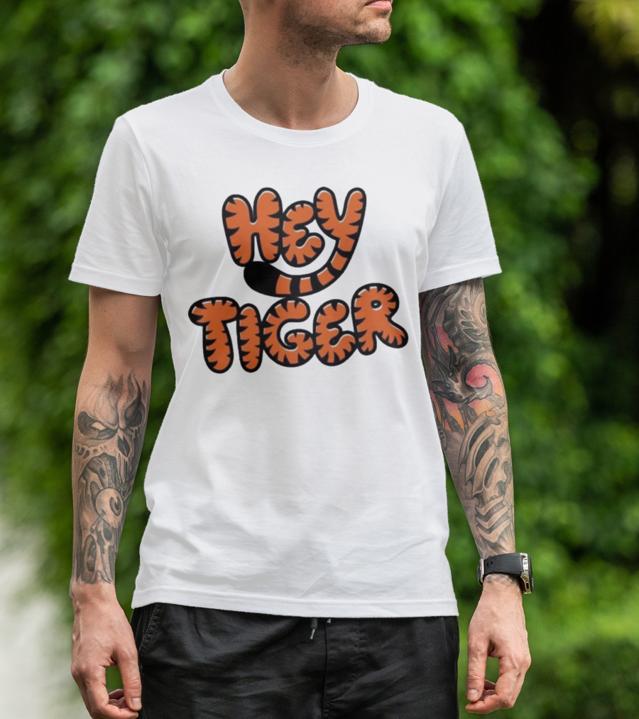 Cincinnati Bengals Hey Tiger Striped Bubble Letter Tiger Tail Pattern T-Shirt