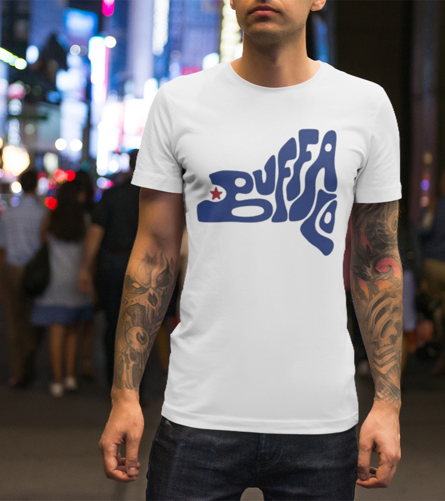 Funky Buffalo Retro Psychedelic Typography With Red Star T-Shirt