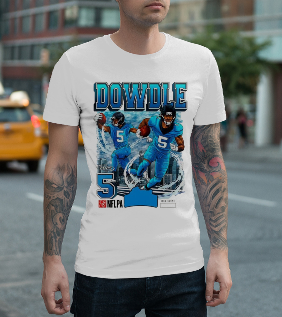 Rico Dowdle Carolina Panthers 2025 Number 5 Skyline NFLPA T-Shirt