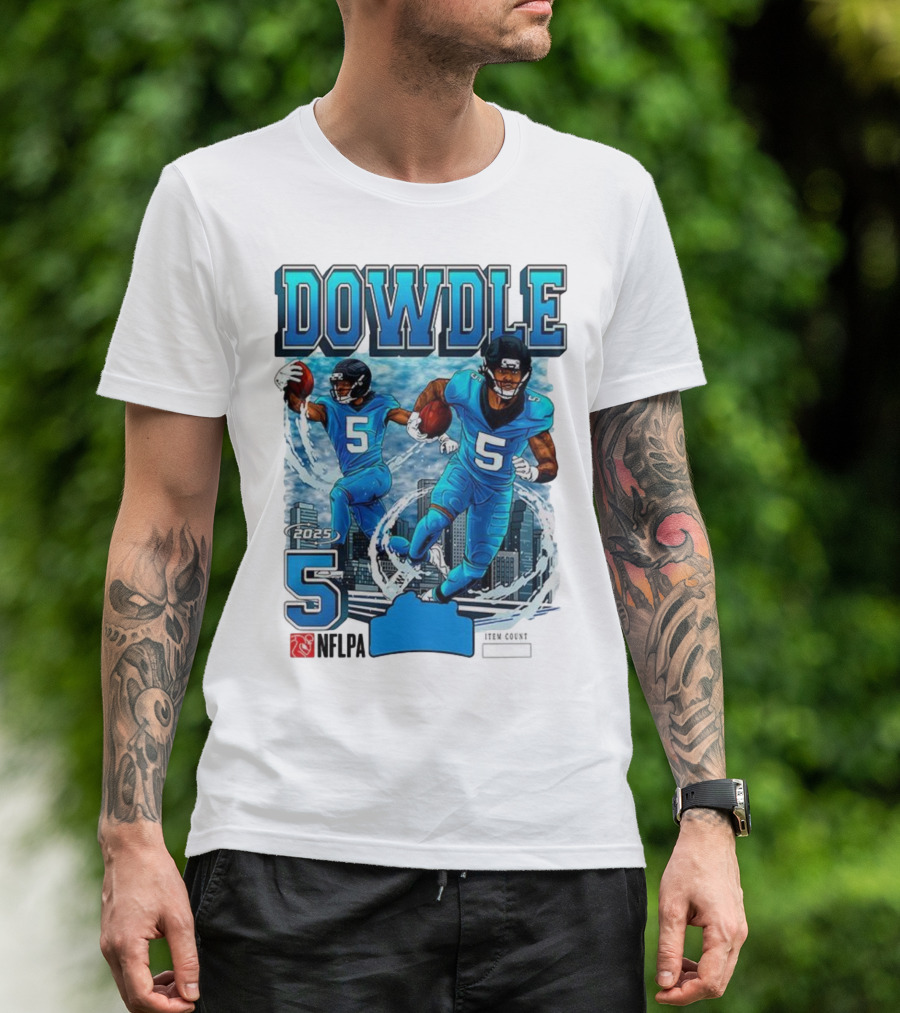 Rico Dowdle Carolina Panthers 2025 Number 5 Skyline NFLPA T-Shirt