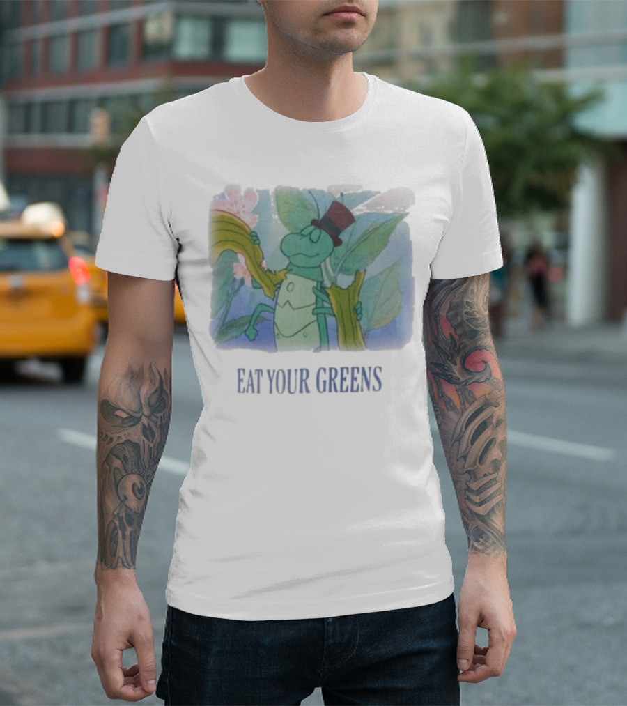 Eat Your Greens Cartoon Grasshopper Top Hat Celery Art T-Shirt