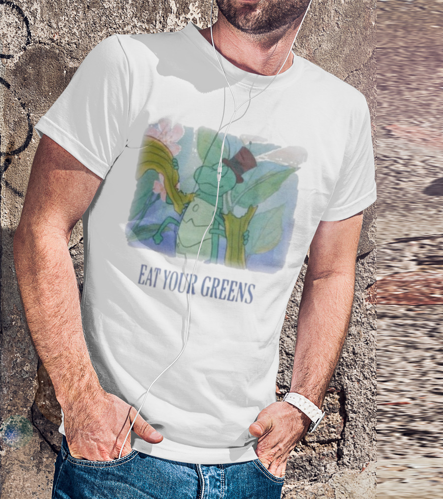 Eat Your Greens Cartoon Grasshopper Top Hat Celery Art T-Shirt