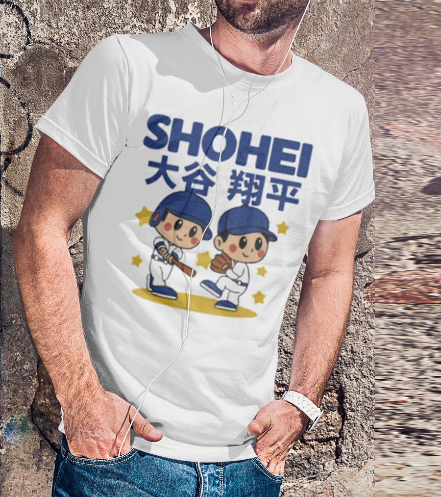 Shohei Ohtani Cartoon Baseball MLB Anime Style Kanji Stars T-Shirt