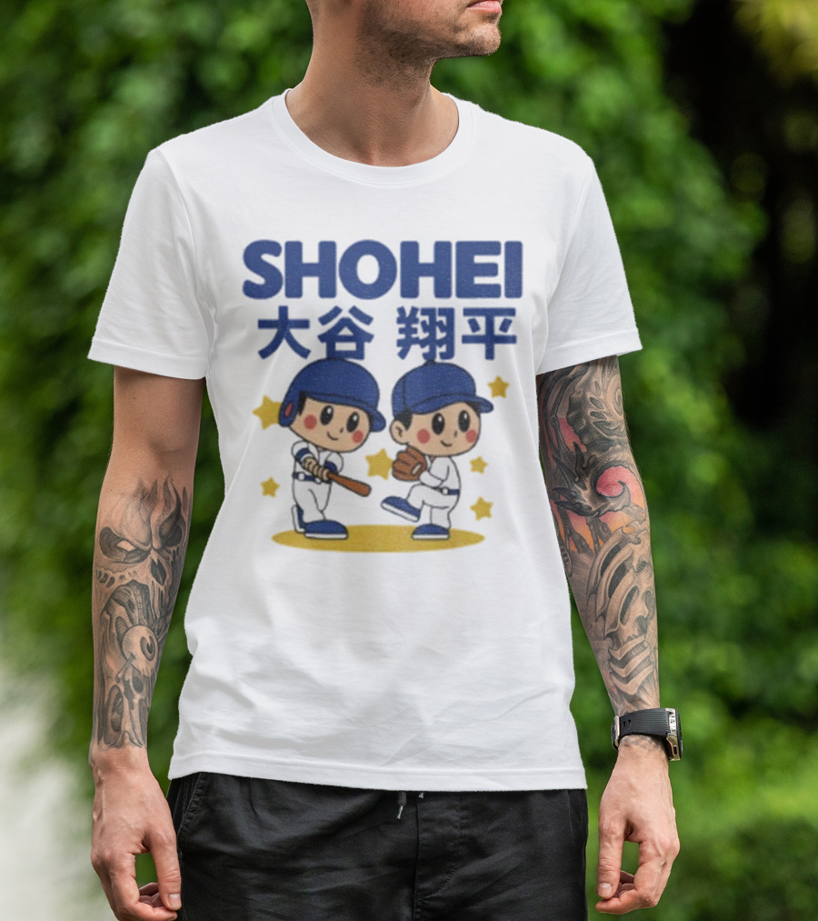 Shohei Ohtani Cartoon Baseball MLB Anime Style Kanji Stars T-Shirt
