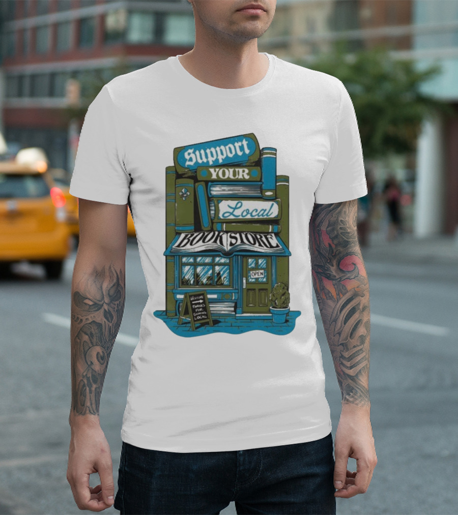 Support Your Local Bookstore Open Vintage Bookshelf Design T-Shirt