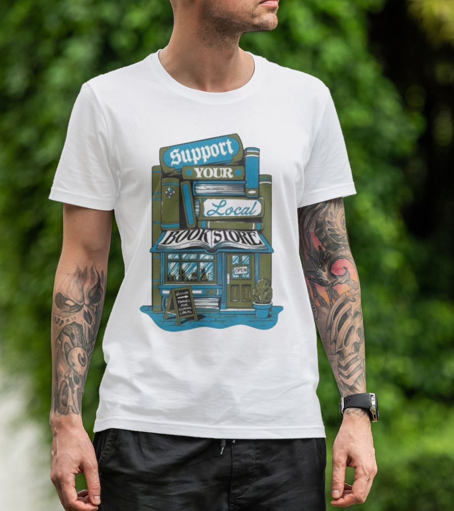 Support Your Local Bookstore Open Vintage Bookshelf Design T-Shirt