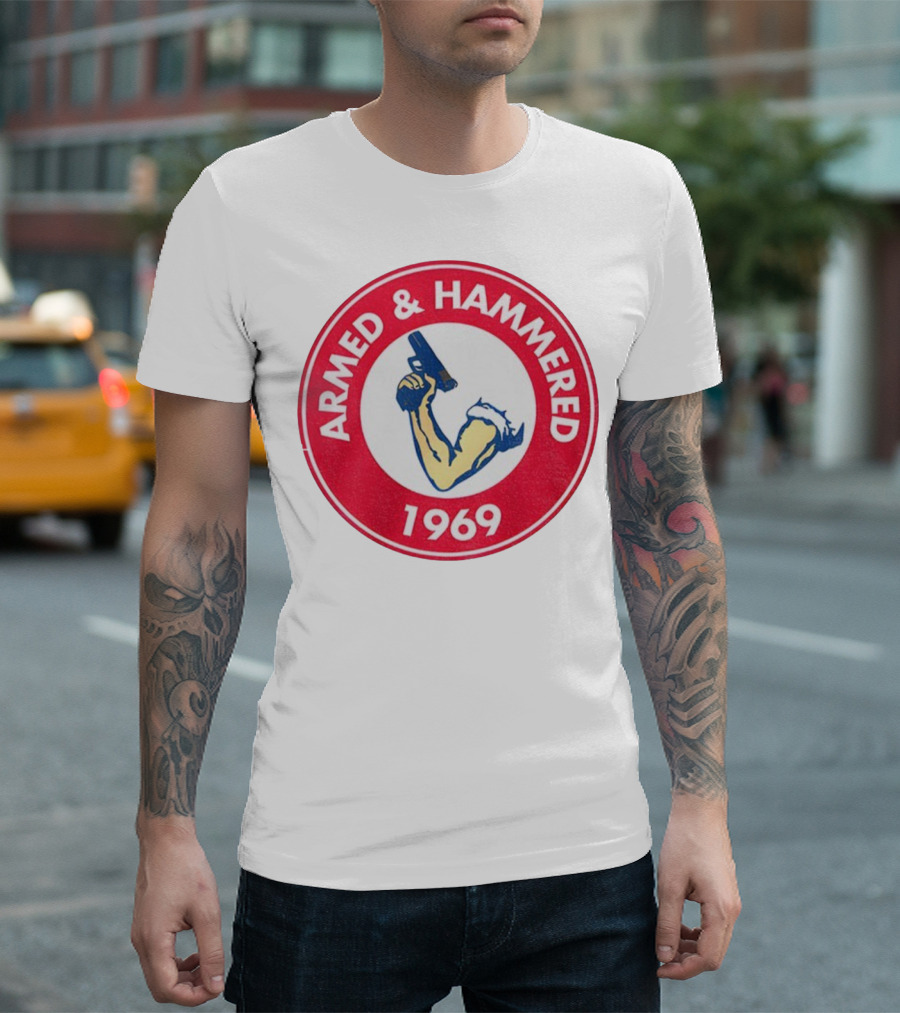 Armed And Hammered 1969 Circle Red And White Vintage Arm With Gun T-Shirt