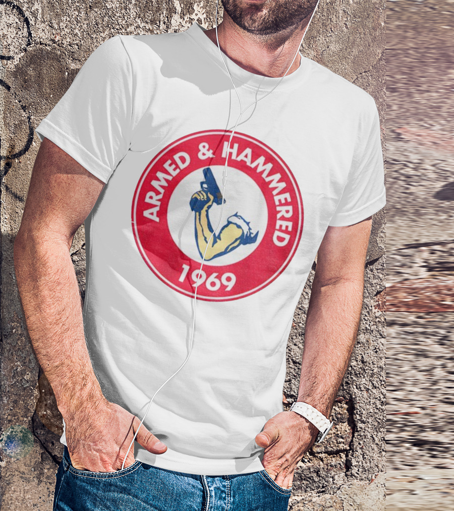 Armed And Hammered 1969 Circle Red And White Vintage Arm With Gun T-Shirt