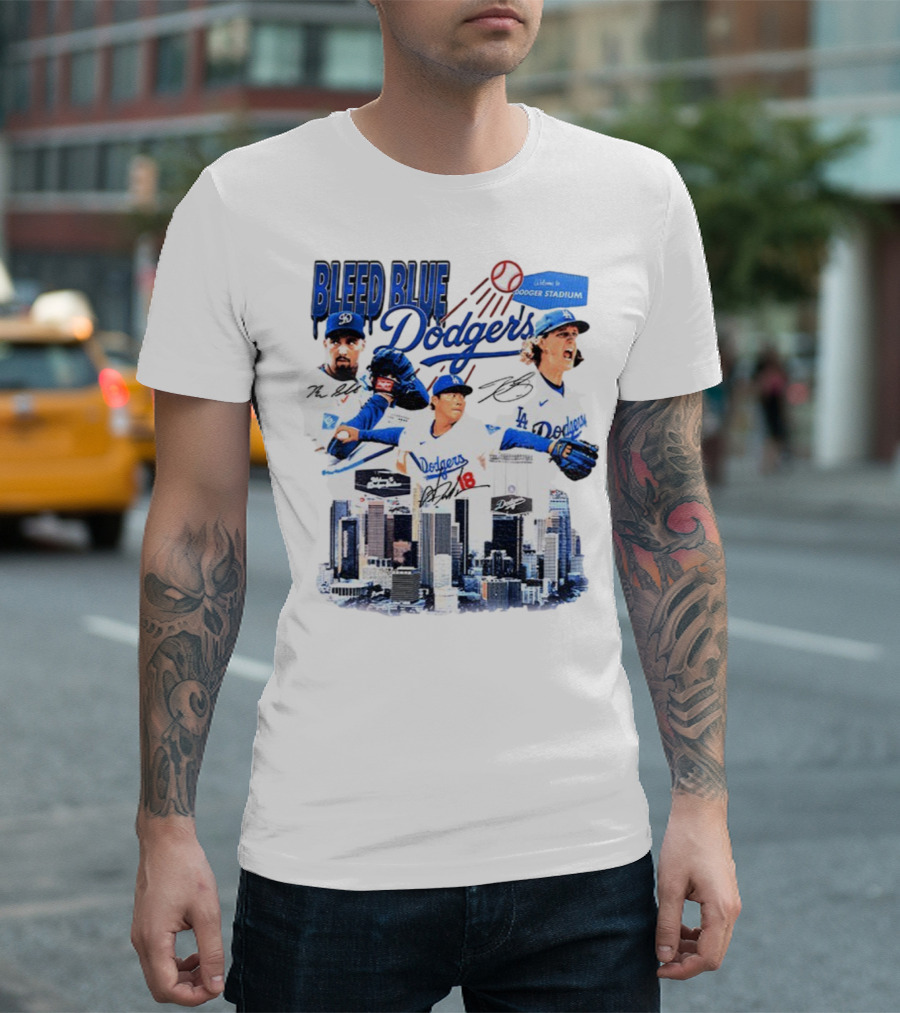 Bleed Blue Dodgers Shohei Ohtani Mookie Betts Yoshinobu Yamamoto Los Angeles Signatures Dodger Stadium T-Shirt
