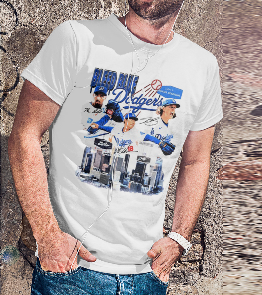 Bleed Blue Dodgers Shohei Ohtani Mookie Betts Yoshinobu Yamamoto Los Angeles Signatures Dodger Stadium T-Shirt