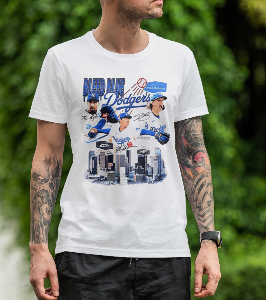 Bleed Blue Dodgers Shohei Ohtani Mookie Betts Yoshinobu Yamamoto Los Angeles Signatures Dodger Stadium T-Shirt