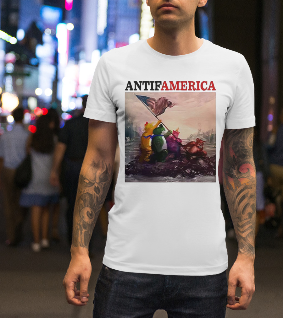 Antifamerica Portland Frog Parody Of Iconic Historical Scene With Bold Characters And Flag T-Shirt