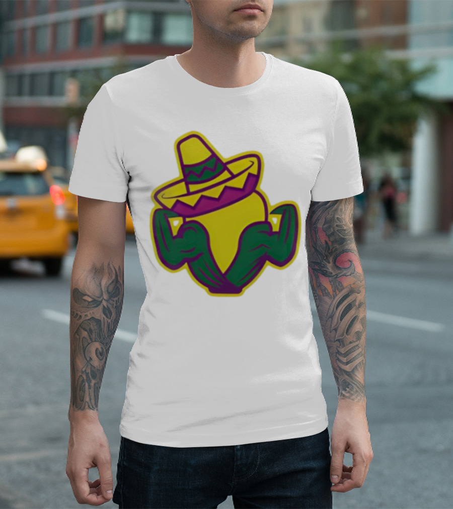 Cedar Rapids Kernels Corn Mascot In Sombrero Green And Yellow Design T-Shirt