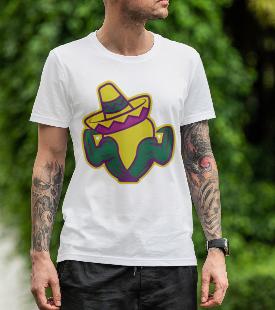 Cedar Rapids Kernels Corn Mascot In Sombrero Green And Yellow Design T-Shirt