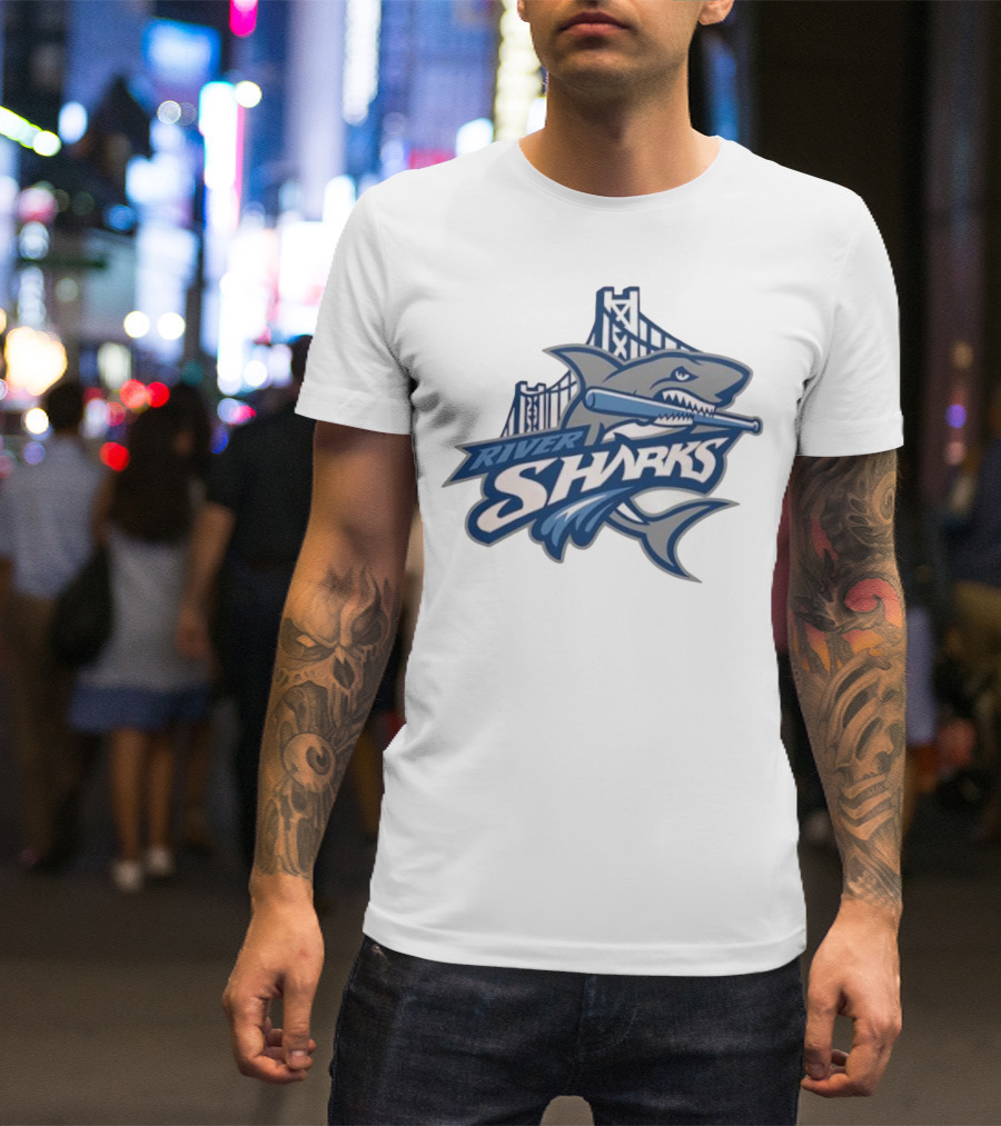 Camden Riversharks Baseball Team River Sharks Text With Shark And Bridge Imagery T-Shirt