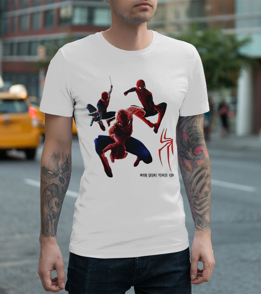 Spider Man Daily Bugle With Great Power Comes Great Responsibility Spider Logo Trio Suit Styles T-Shirt