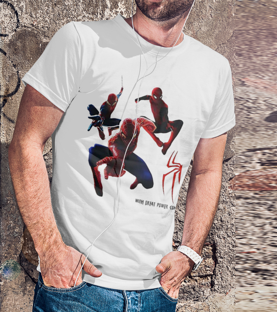 Spider Man Daily Bugle With Great Power Comes Great Responsibility Spider Logo Trio Suit Styles T-Shirt