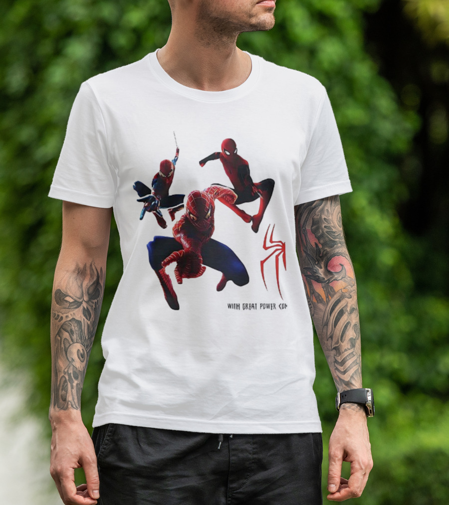 Spider Man Daily Bugle With Great Power Comes Great Responsibility Spider Logo Trio Suit Styles T-Shirt