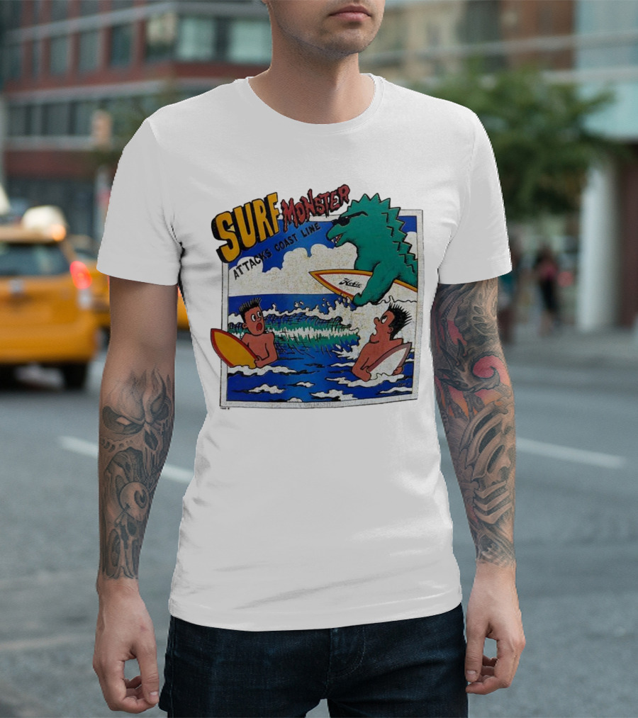 Surf Monster Attacks Coast Line Retro Comic Style Surfing Scene T-Shirt