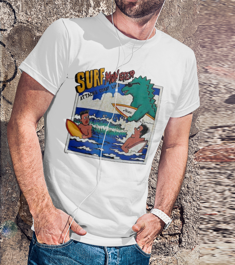Surf Monster Attacks Coast Line Retro Comic Style Surfing Scene T-Shirt