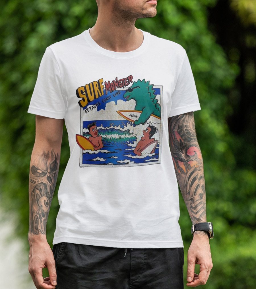 Surf Monster Attacks Coast Line Retro Comic Style Surfing Scene T-Shirt