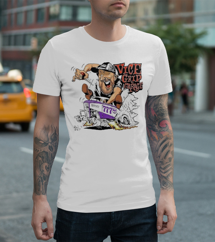 Vice Grip Garage 777 Cartoon Hot Rod Illustration With Bearded Driver And Smoking Tires T-Shirt